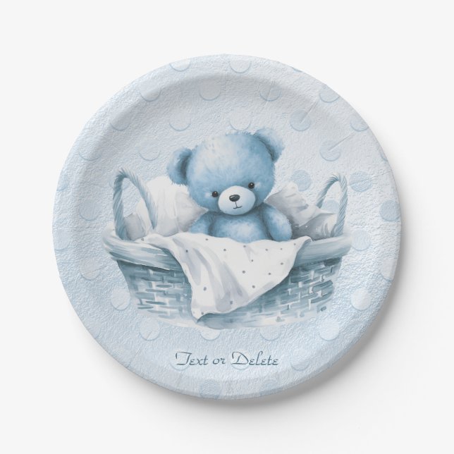Blue Teddy Bear in Basket Paper Plate Pappteller (Vorderseite)