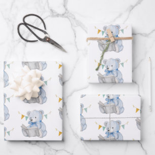 Blue Teddy Bear liest ein Buch Baby Shower Geschenkpapier Set