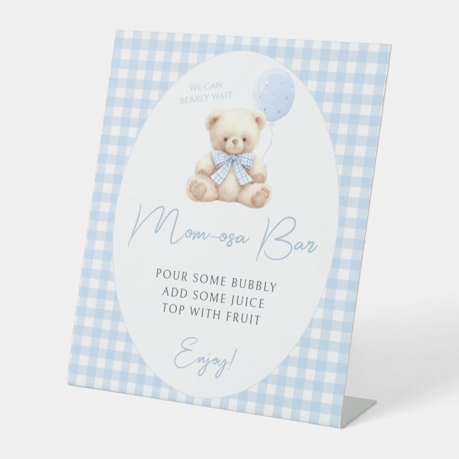 Blue Teddy Bear Mimosa Mama-osa Bar Baby Boy Dusch Sockelschild (Vorderseite)