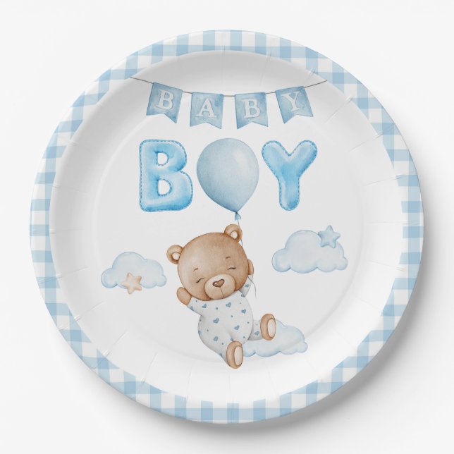 Blue Teddy Bear mit Balloon Baby Dusche Pappteller