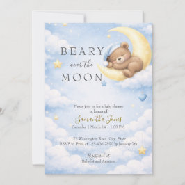 Blue Teddy Bear Moon Baby Shower Invitation Einladung