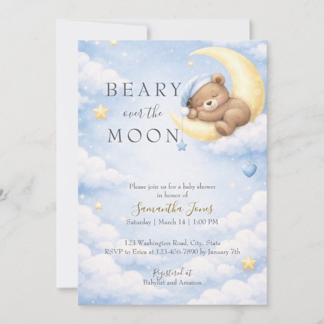 Blue Teddy Bear Moon Baby Shower Invitation Einladung (Vorderseite)
