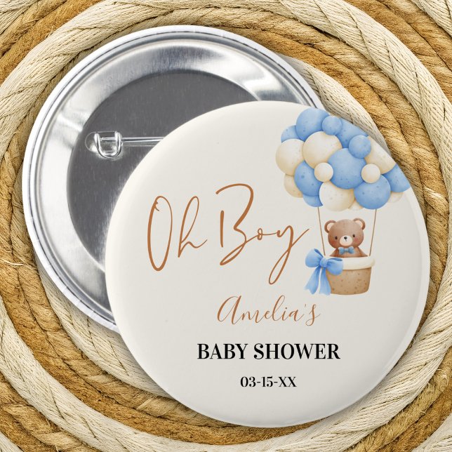 Blue Teddy Bear Oh Boy Balloon Baby Dusche Party Button (Von Creator hochgeladen)