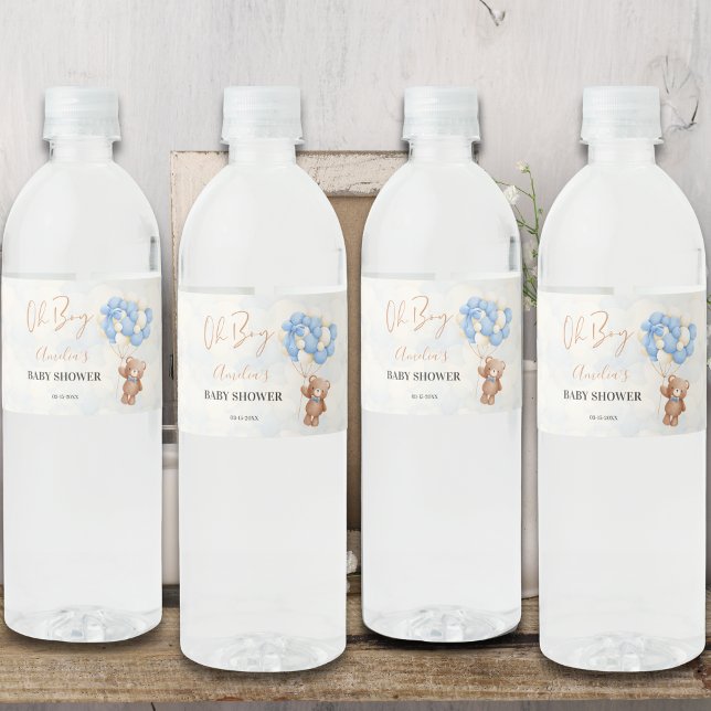 Blue Teddy Bear Oh Boy Balloon Baby Dusche Wasserflaschenetikett (Von Creator hochgeladen)