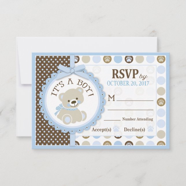 Blue Teddy Bear Polk Dots RSVP Card Karte (Vorderseite)