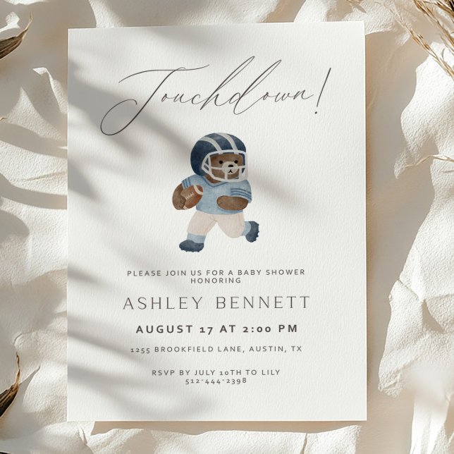 Blue Teddy bear Touchdown Football Baby Shower Einladung (Von Creator hochgeladen)