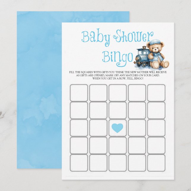 Blue Teddy Bear Train Boy Baby Dusche Bingo Card (Vorne/Hinten)