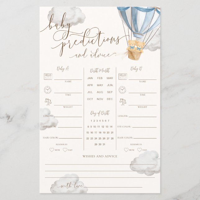 Blue Teddy Bear Twins Baby Predictions Game (Vorderseite)