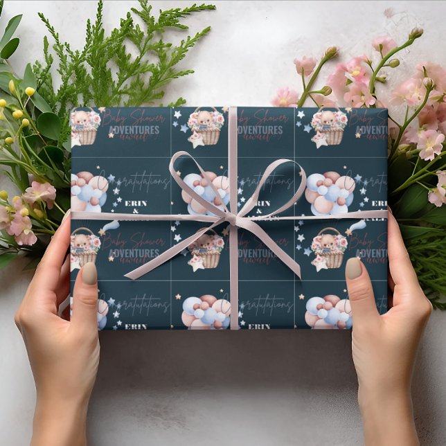 Blue Teddy Bear und Balloon Custom Baby Dusche Geschenkpapier (Von Creator hochgeladen)