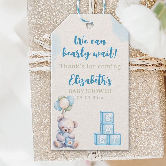 Blue Teddy Bear "We Can Bearly Wait" Baby Shower  Geschenkanhänger (Von Creator hochgeladen)