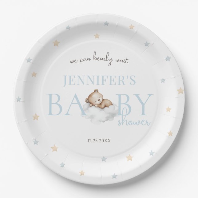 Blue Teddy Bear wir können frühzeitig abwarten Bab Pappteller (Vorderseite)