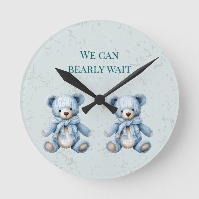 Blue Teddy Bears Twin Baby Dusche Runde Wanduhr (Vorderseite)