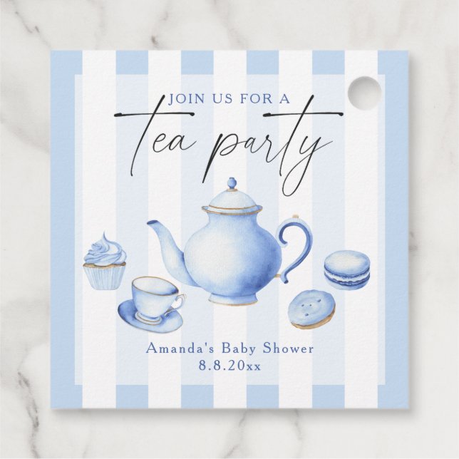 Blue Tee Party Baby Dusche Geschenkanhänger (Rückseite)