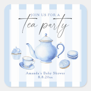 Blue Tee Party Baby Dusche Quadratischer Aufkleber