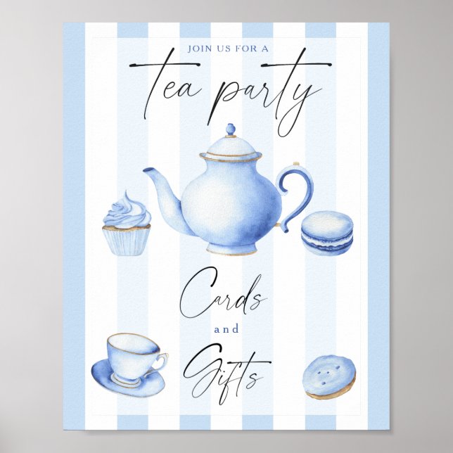 Blue Tee Party Babydusche Karten und Geschenke Poster (Vorne)