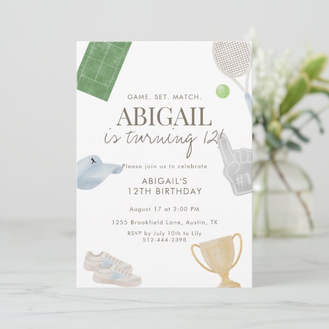 Blue Tennis 12th Birthday Party for Girls Athletic Einladung (Stehend Vorderseite)