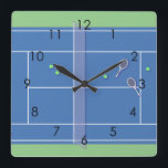 Blue Tennis Court Modern Tennis Player Quadratische Wanduhr<br><div class="desc">Personalisiertes klassisches Tennisgelände-Design in Blau mit klassischen, schicken, prächtigen und eleganten Tennisschlägern und grünen Tennisbällen. Einfaches, minimalistisches Geschenk für Ihren Tennistrainer oder Ihr Tennisteam. Personalisiertes Geschenk für einen Tennisspieler. Blue Tennis Court Illustration. Trendy Tennisspieler Wohngestaltung. Moderne Tennisspielgeschenke. Cooles Retro-Geschenk für Ihren Tennistrainer oder das Tennisteam der Schule! Tennis Hochzeitsvorstellungen. Tennisgeschenk...</div>