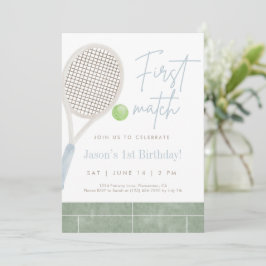 Blue Tennis First Birthday Party Invitation Dankeskarte