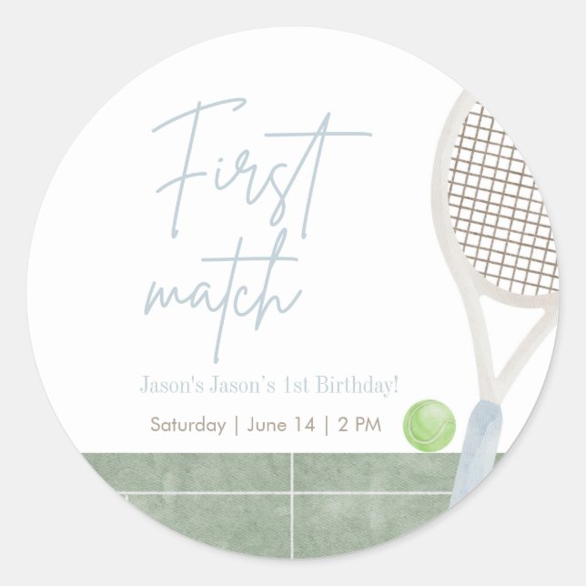Blue Tennis First Birthday Preppy Boy Party Round Runder Aufkleber (Vorderseite)