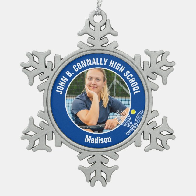 Blue Tennis Player Photo High School Spirit Schneeflocken Zinn-Ornament (Vorderseite)