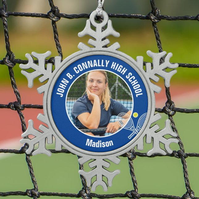 Blue Tennis Player Photo High School Spirit Schneeflocken Zinn-Ornament (Von Creator hochgeladen)