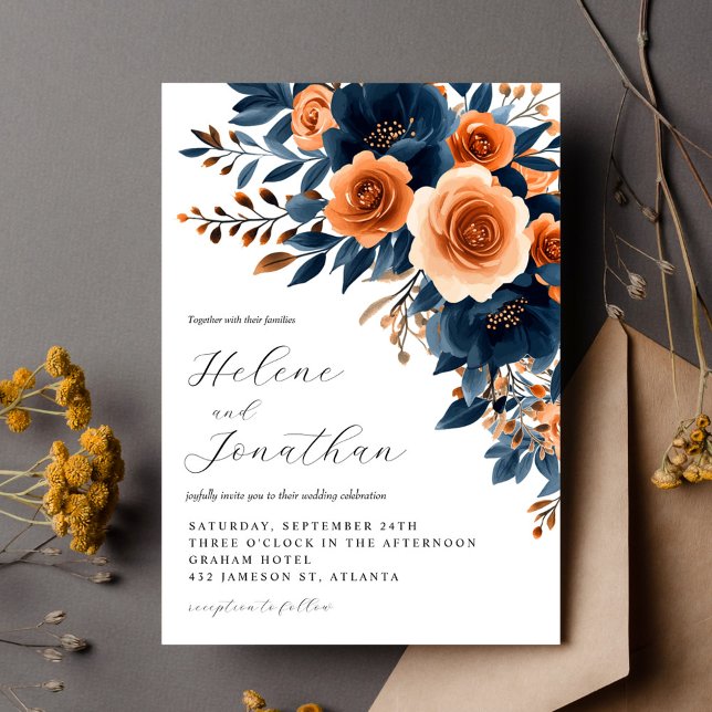 Blue Terracotta Burnt Orange Elegante Wedding Einladung (Navy Blue Terracotta Burnt Orange Elegant Wedding Invitation)