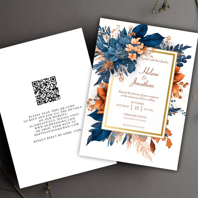 Blue Terracotta Garden Boho Elegante Wedding Einladung (Navy Blue Terracotta Garden Boho Elegant Wedding Invitation)