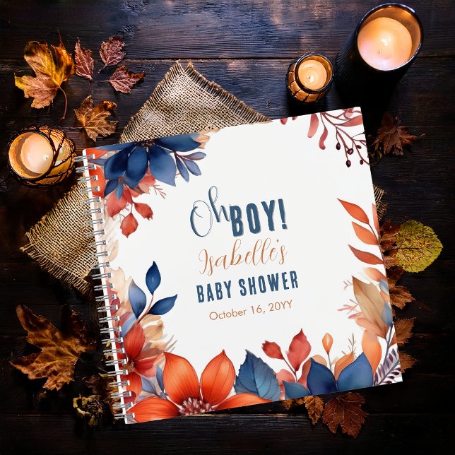 Blue Terracotta Oh Boy Fall Baby Showbook Notizbuch (Boho Blue and Terracotta Fall |  Autumn Floral "Oh Boy!" Baby Shower Guest Book Notebook)