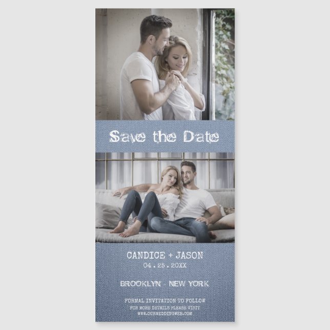 Blue Textile Texture Engaged Romantic Couple Magnetkarte (Vorderseite)