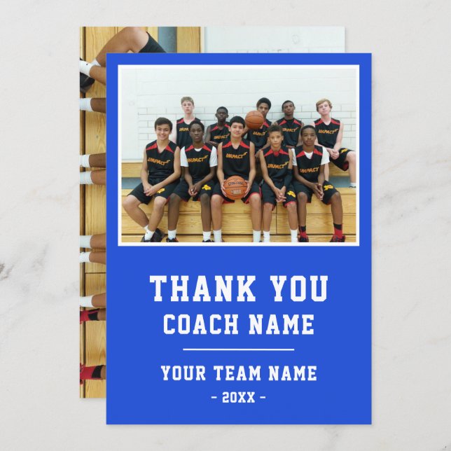 Blue Thank you Coach Card Team Name Photo Dankeskarte (Vorne/Hinten)