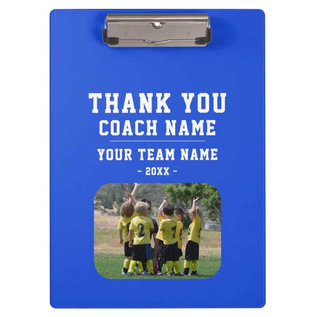 Blue Thank you Coach Team Name Photo Klemmbrett (Vorderseite)