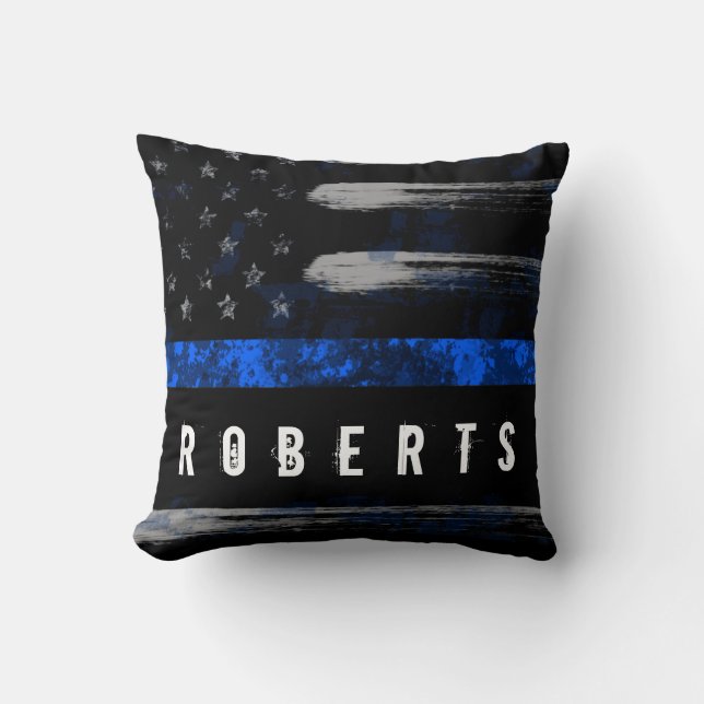 BLUE Thin Line Distressed Flag Namenskissen Kissen (Vorderseite)
