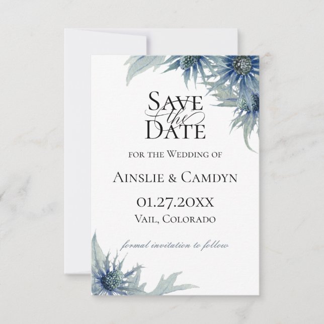 Blue Thistle Botanical Save the Date Ankündigung (Vorderseite)