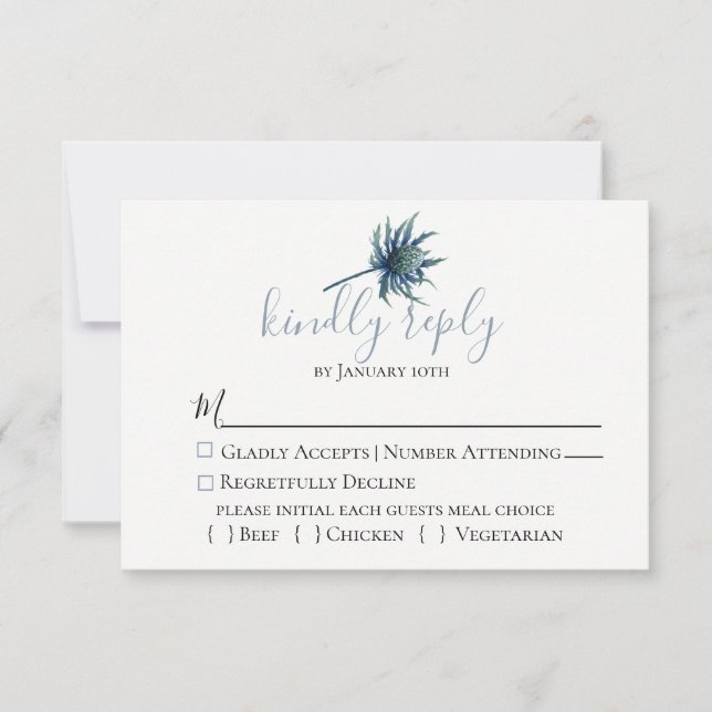 Blue Thistle Botanical Wedding RSVP Card Karte (Vorderseite)