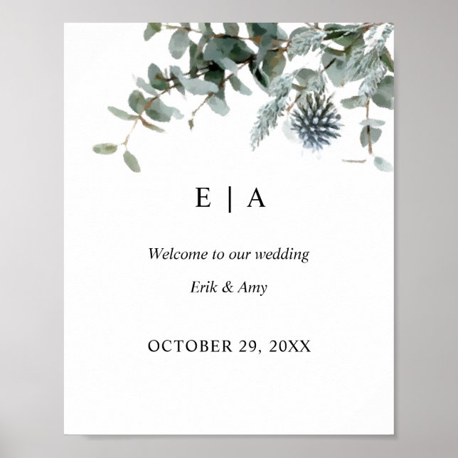 Blue Thistle Eucalyptus Floral Wedding Sign Poster (Vorne)