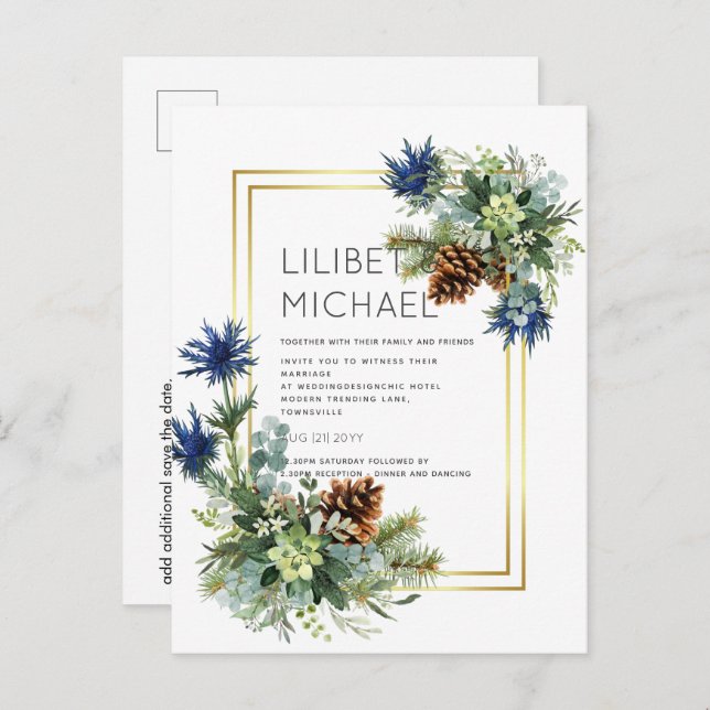 Blue Thistle Eucalyptus Wedding Wonderland Postkarte (Vorne/Hinten)
