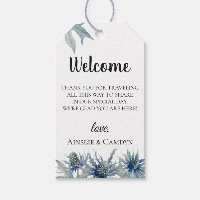 Blue Thistle Wedding Welcome Bag Geschenkanhänger (Vorderseite)