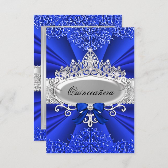 Blue Tiara & Damask Quinceanera Einladung (Vorne/Hinten)