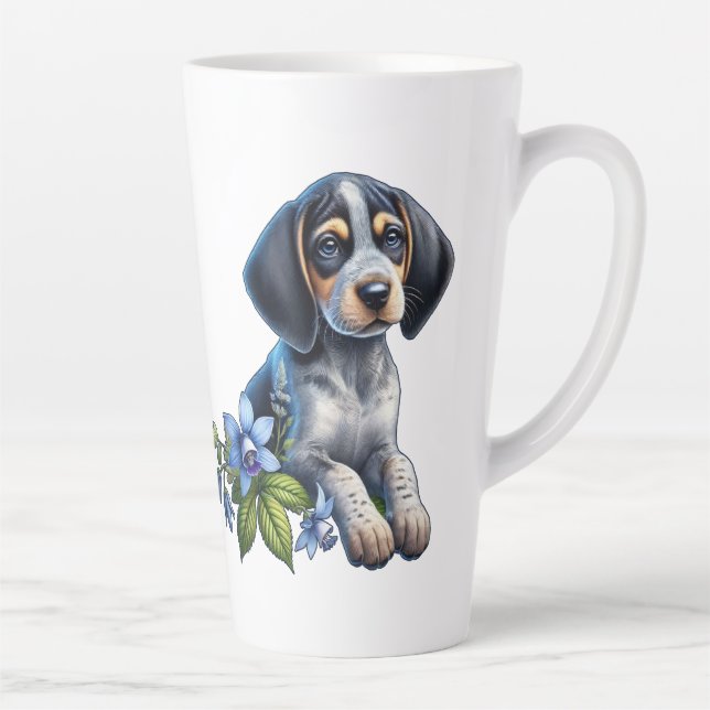 Blue Tick Hound Puppy mit zarten blauen Blüten Milchtasse (Rechts)