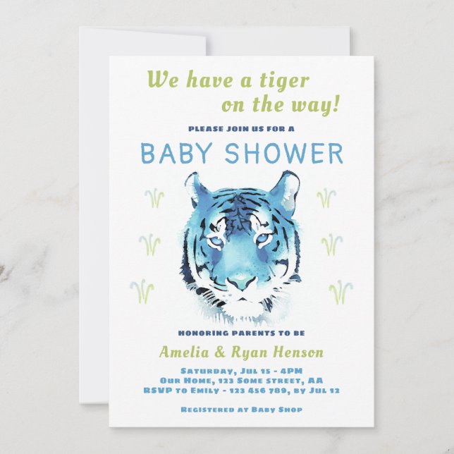 Blue Tiger Baby Watercolor 2022 Babydusche Einladung (Vorderseite)