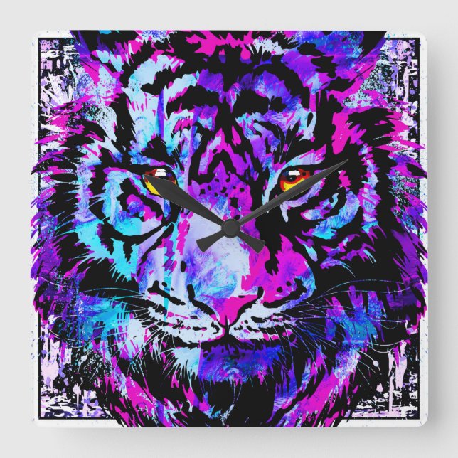 Blue Tiger Clock - farbenfrohe Tiger Head Clock Quadratische Wanduhr (Vorderseite)