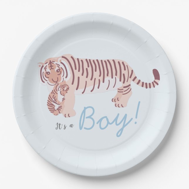 Blue Tiger & Cub Boy Babydusche Papierplatte Pappteller (Vorderseite)