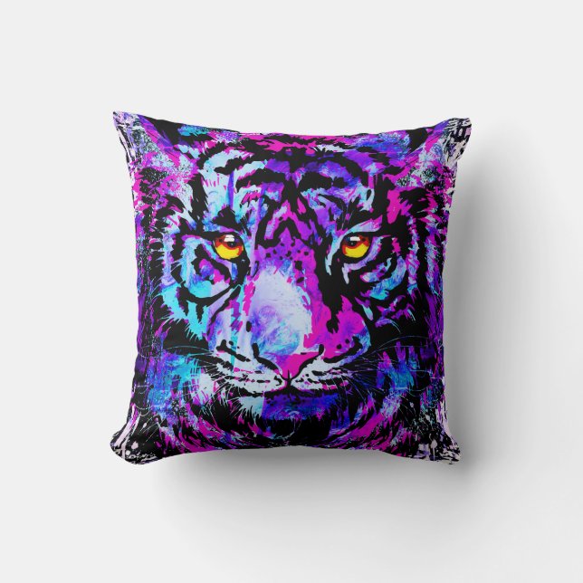 Blue Tiger Throw Kissen - farbenfroher Tiger Head (Vorderseite)