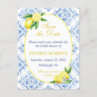 Blue Tile Floral Lemon Bridal Shower Save the Date