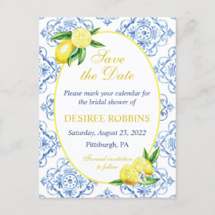 Blue Tile Floral Lemon Bridal Shower Save the Date Postkarte