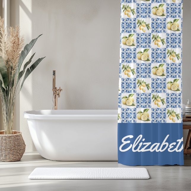 Blue Tile French Country Lemon Custom Name Duschvorhang (Von Creator hochgeladen)