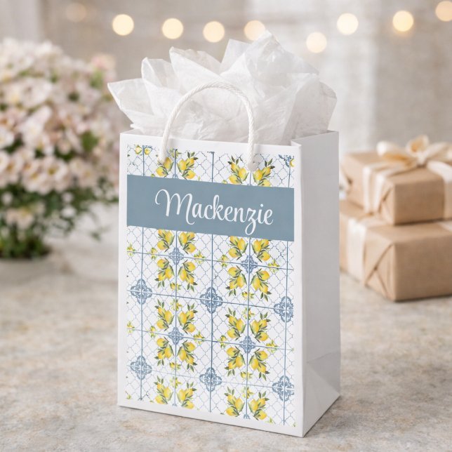 Blue Tile French Country Lemon Name Monogram Kleine Geschenktüte (Von Creator hochgeladen)