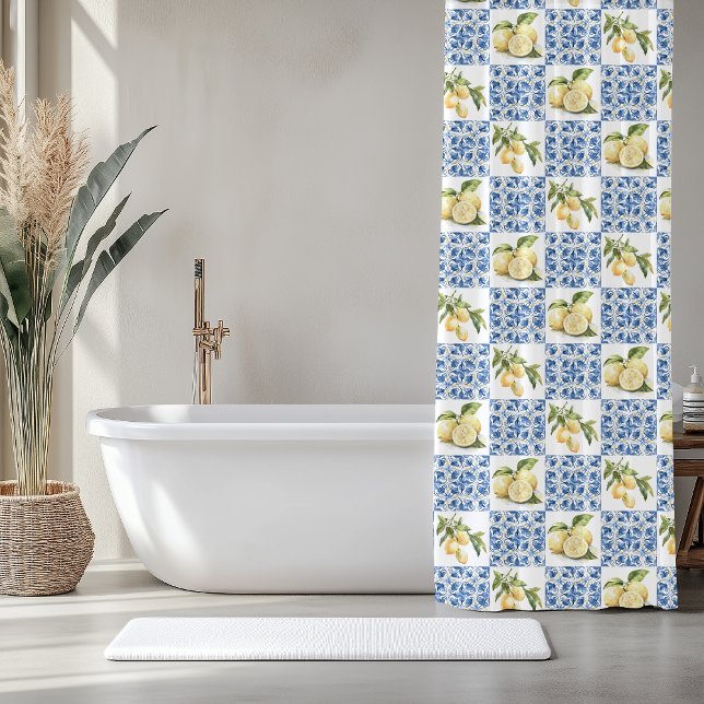 Blue Tile French Country Lemon Pattern Duschvorhang (Von Creator hochgeladen)