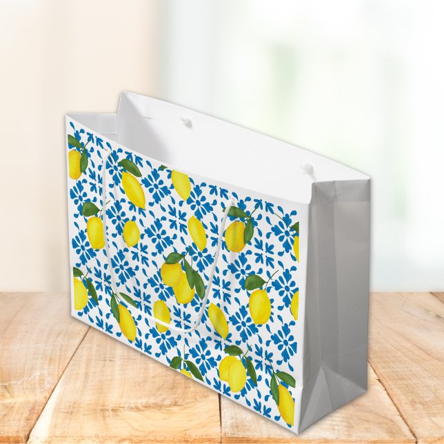 Blue Tile French Country Lemon Pattern  Große Geschenktüte (Von Creator hochgeladen)