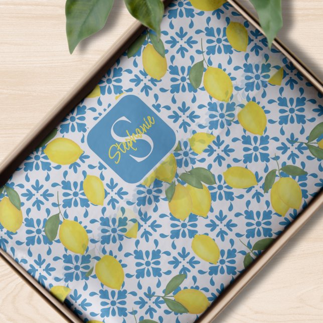 Blue Tile French Country Lemon Pattern Monogram  Seidenpapier (Von Creator hochgeladen)
